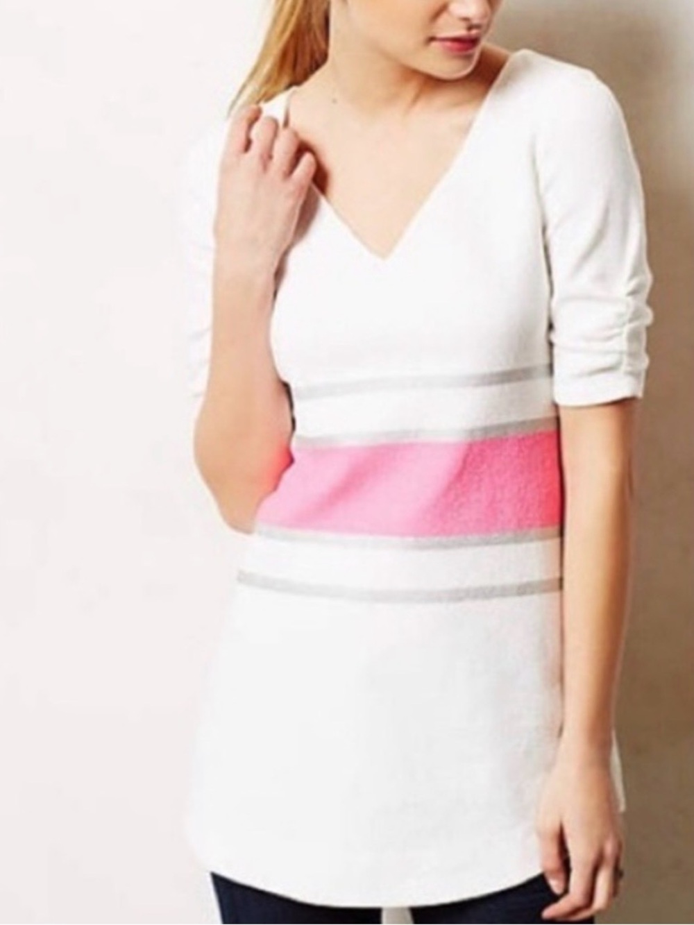 Anthropologie white Short Sleeve top with Pink and silver Stripes